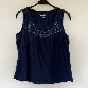 Eddie Bauer Navy Sleeveless Tank with White Embroidered Yoke Size Med